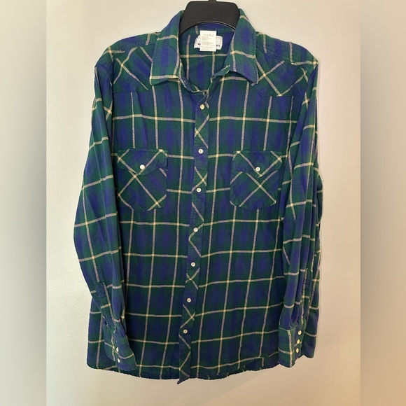 Wrangler Blue and Green Plaid Wrancher Flannel XLT western Shirt. Pearl snaps - Picture 1 of 4